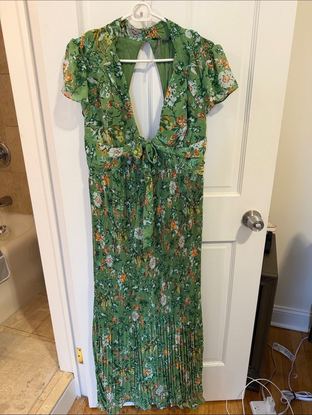 Anthropologie Green Floral Tie-Front Maxi Dress